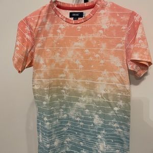 Sunset shirt with flamingos.